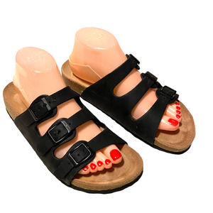 Cushionaire Leather Comfort Fit Sandal Navy Buckled Straps Size 8.5 M Adjustable